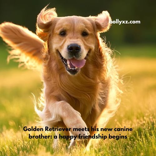 Golden Retriever meets his new canine brother: a happy friendship begins